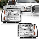 WEELMOTO Headlights Assembly Compatible with 2005-2007 Ford F250 F350 F450 F550 Super Duty /2005 Ford Excursion Headlamp Replacement 2005 2006 2007 Ford F250 Chrome Housing Driver and Passenger Side