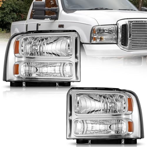 WEELMOTO Headlights Assembly Compatible with 2005-2007 Ford F250 F350 F450 F550 Super Duty /2005 Ford Excursion Headlamp Replacement 2005 2006 2007 Ford F250 Chrome Housing Driver and Passenger Side