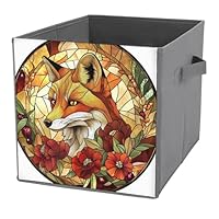 Jubonexis Stained Glass Majestic Fox with Flowers Cube Storage Bins Storage Cubes Foldable Decorative Fabric Storage Baskets Home Organizers with Handles for Shelves,Closet, 27x27 CM