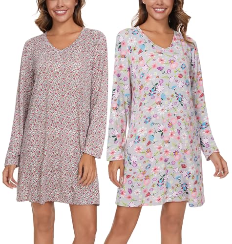 Image of Kabento 2 Pack Long Sleeve Nightgowns for Women Soft Cotton Night Gowns Sleepwear V Neck Nightshirts