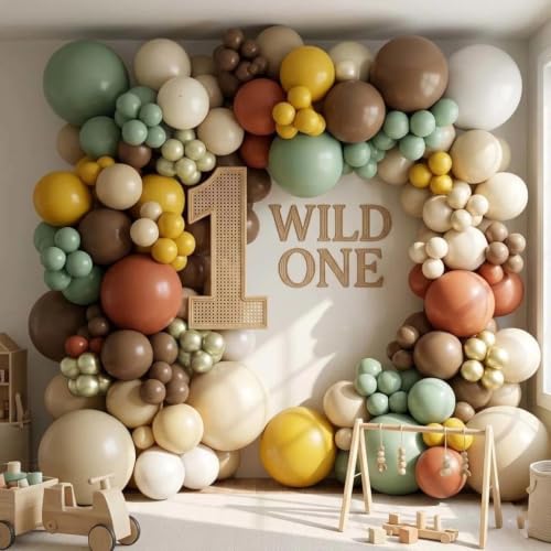 Image of Green Brown White Balloons Double Stuffed Latex Sage Green Gold Mustard Yellow Balloons Boho Balloon Garland For Boho Neutral Birthday Baby Shower Safari Jungle Wooland Garden Theme Party Decor