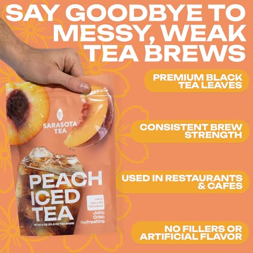 Image of Peach Iced Tea Bags Half Gallon | 10 Count Large Iced Tea Bags | Makes 5 Gallons | Juicy Crisp Peach Flavor | Easy Brew Pitcher