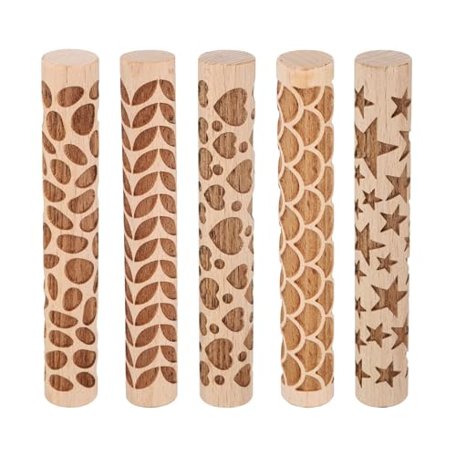 QUARKZMAN 5Pcs Rouleau a Patisserie en Bois 10cm avec Motif Étoile, Outils de Poterie, Rouleaux à Texture de Grain de Bois pour Argile, Pâte à Modeler,...