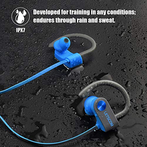 LETSCOM Bluetooth Headphones IPX7 Waterproof, Wireless Sport Earphones, Hifi Bass Stereo Sweatproof Earbuds W/Mic, Noise Cancelling Headset for Workout, Running, Gym, 8 Hours Play time