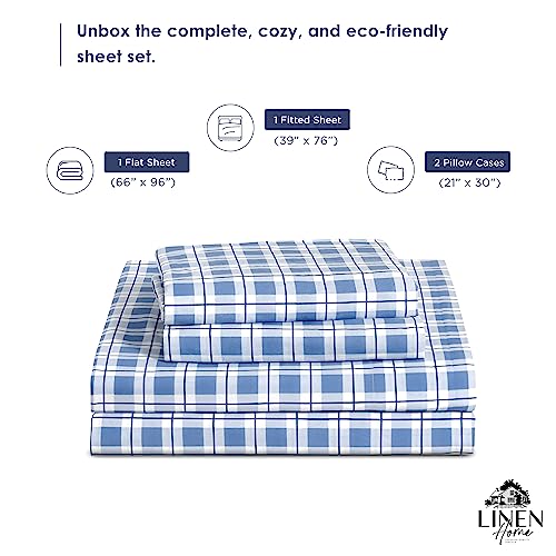 Image of Linen Home Cotton Lyocell Blend Percale Sheet Set Twin Size - 3 Piece Deep Pocket Bedding, Pre-Washed & Shrunk, Crisp Cooling Fabric, Fade-Resistant, Hotel Luxury, Wrinkle-Free - Checks Denim Blue