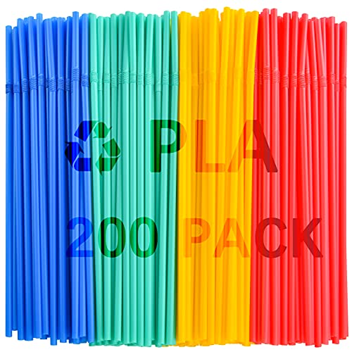 Plassticless 200 PACK Biodegradable Drinking Straws 100% BPA Free ZERO Plastic Straws, Neon Colored Plant Based Compostable straws- Flexible, Bendy, Disposable Straws for Cold Drinks, Coffee