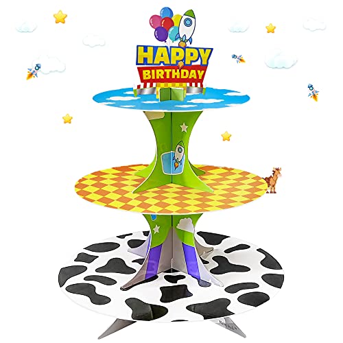 3-Tier Cartoon Story Cupcake Stand Cardboard Cake Stand Dessert Tower Holder for Toy Theme Birthday Decoration Baby Shower Party Supplies
