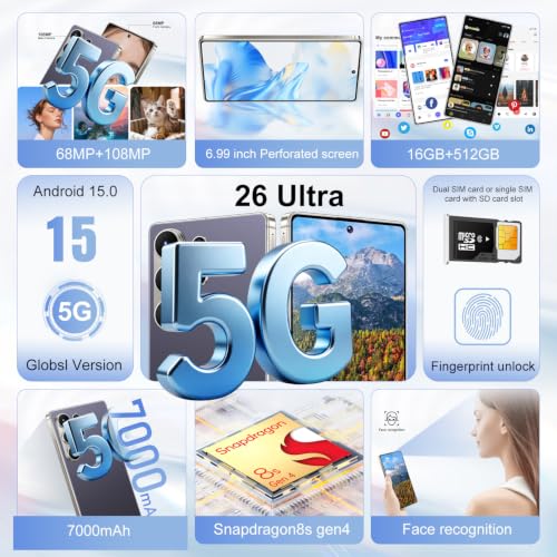 Image of S26 Ultra 5G Unlocked Smartphone,16GB+512GB Cell Phone for Android 15, 6.99 inch Unlocked Cell Phone, 7000mAh, 68MP+108MP Dual Camera /Dual SIM /Fingerprint Lock /Face，Deep Purple