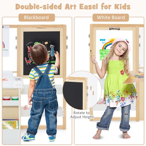 INFANS 3 in 1 Kids Art Table and Chair Set, Toddler Craft and Play Wood Activity Desk with Double-Sided Easel Blackboard Whiteboard, Paper Roll for Writing, Children Furniture for Daycare Nursery - image 3