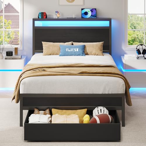 Fluest Twin Bed Frame,Twin Bed Frame with Storage Headboard & Storage Drawer, Charging Station & LED Light, No Box Spring Needed, Noise Free, Easy Assembly, Classic Black
