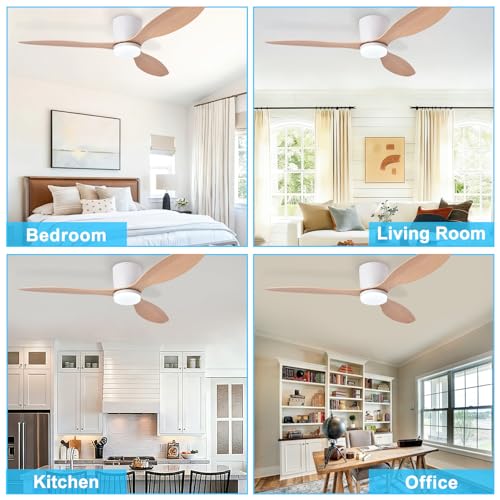 Image of Depuley Flush Mount Ceiling Fan: 52-Inch White Ceiling Fans with Lights for Bedroom Indoor Outdoor - Low Profile Ceiling Fans with Remote Control 24W 3CCT Dimmable 3 Reversible Wood Blades 6 Speeds