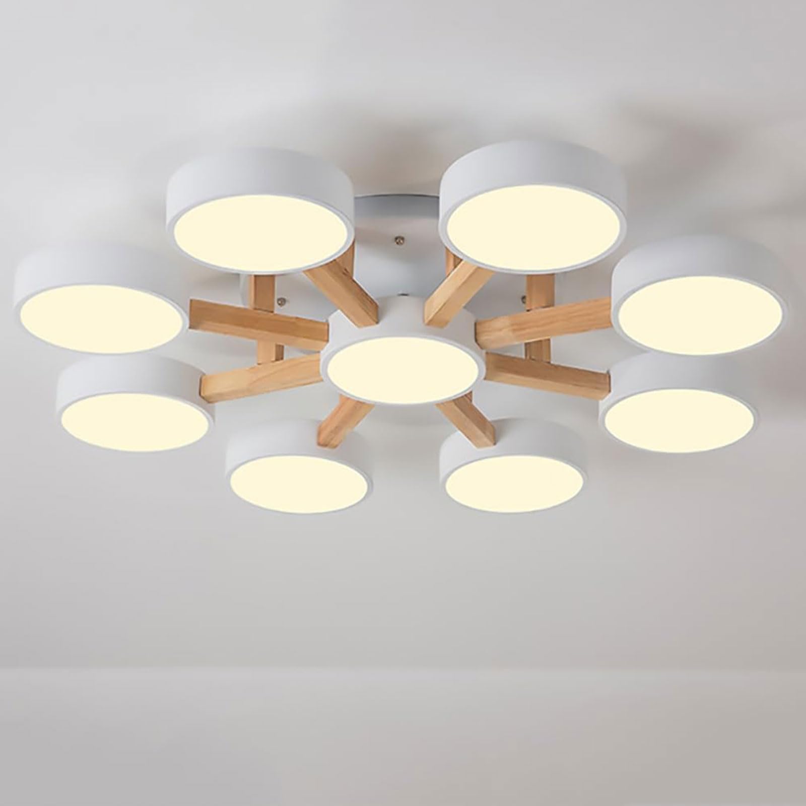 HXYSXHJUO 37 Inch Dimmable LED Ceiling Light Chandelier - Minimalist Wooden Flush Mount Fixture for Living Room, Dining, and Bedroom(White)