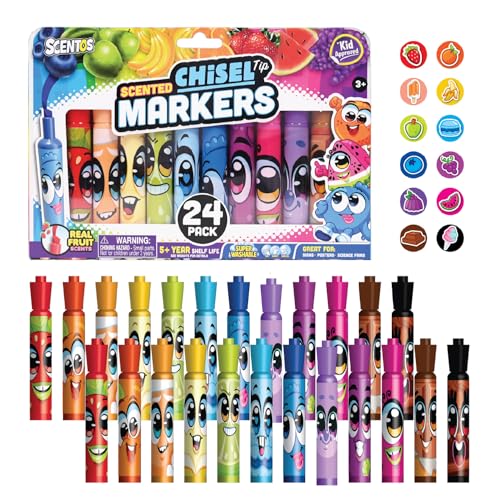 Scentos Scented Chisel Tip Markers 24 Pack With Fruit Scent 12 Assorted Colors Different Fruity Each Washable Markers Marker for Kids for Posters and Science Fairs Super Washable Ink.