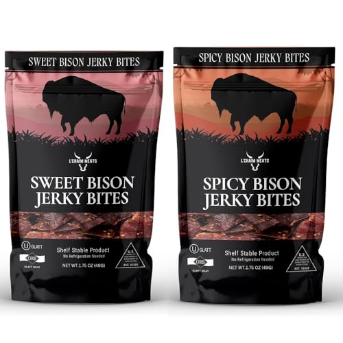 L’CHAIM MEATS – Kosher Bison Jerky Sweet Munchies & Spicy Roulette 1.75 Oz Per Pack, All Natural Premium Glatt Organic Kosher Meat Bison OU Delicious Flavor Protein Vitamin B12 Omega 3’s Iron & Zinc