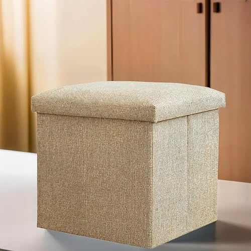 Image of Kuber Industries Pack of 2 Storage Stool - Square Toy Box, Foot Rest, Folding Seat, Wardrobe Organizer for Clothes-Books, Living Room Storage Box - S ZH003BG Beige