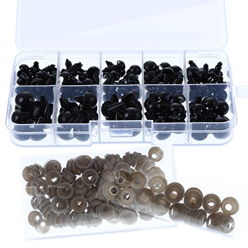 Patelai 142 Pieces Black Plastic Safety Eyes Craft Eyes with 142 Pieces Washers and Storage Box for Toys Dolls Making, 5 Sizes