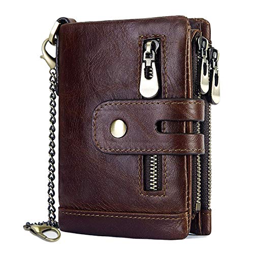 Porte Monnaie Homme, Cuir Véritable Portefeuilles et Porte-cartes Blocage RFID, Bifold Porte Monnaie Homme avec Chaîne, 16 Fentes pour Cartes Fermeture Eclair Poche à Monnaie Porte Carte Homme Cover