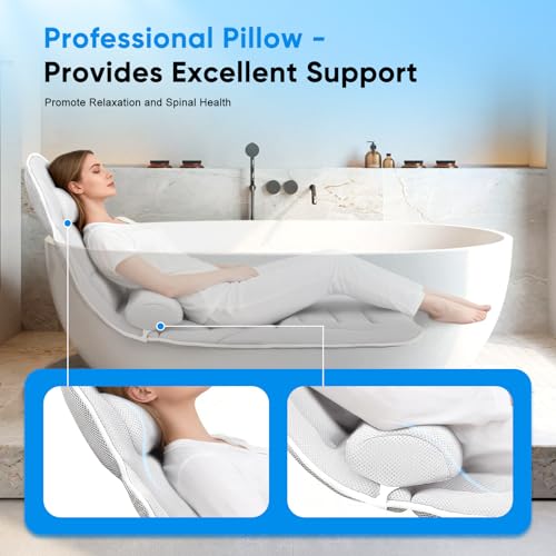 Badewannenkissen Ganzkörper 131 * 38cm, Badekissen mit Kopfstütze und Abnehmbares Taillenkissen, Kissen für Badewanne mit Hängehaken, Unterstützt Nacken Rücken, Schnelltrocknend, Hautfreundlich(Weiß)