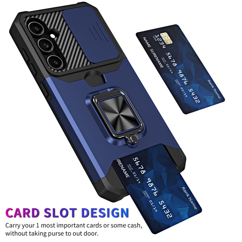 Image of LuxuryKase Shockproof Armor Case for Samsung Galaxy S25 | Slide Camera Cover | Hidden Card Slot | Rotating Ring Kickstand | Magnetic Car Mount Support | Military Grade Protection - Blue