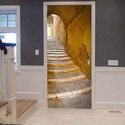 Stickers Porte 3D Trompe L'Oeil Autocollant De Porte Interieure Escalier En Pierre Ruelle Étroite 77 X 200 Cm Mural Papier Peint Poster Amovible Muraux...