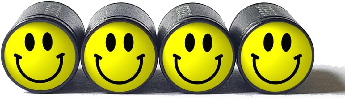 Yellow Happy Face Tire Valve Caps - Black Aluminum - Set of Four