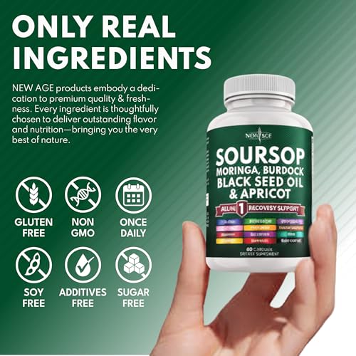 Image of NEW AGE Soursop Supplement - Moringa, Sea Moss, Black Seed Oil, Berberine, Turmeric, Apricot, Quercetin, Greens, Bitters, Boswellia, Bitter Melon, Burdock Root - 180 Capsules