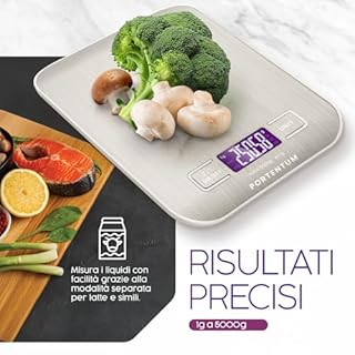 PORTENTUM Bilancia da cucina con display LCD, acciaio inossidabile, bilancia multifunzione per alimenti 5 kg/11 libbre, argento