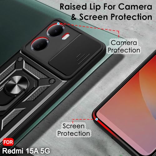 Image of TheGiftKart Tough Armor Bumper Back Cover Case for Mi Redmi 15A 5G | Kickstand & Ring Holder | 360 Degree Protection Back Cover Case for Redmi 15A 5G (PC & TPU, Sliding Camera Cover, Black)