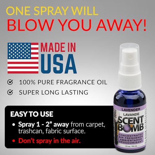Image of Scent Bomb Air Freshener Spray, Long-Lasting Odor Eliminator - Effective Deodorizer for Home & Car, Fresh Room Spray for Kitchen, Bathroom & Smell Neutralizer - 1 oz Pack of 4, Lavender Scent