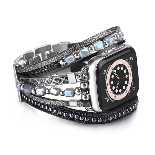 HARAVAL Boho Leather Bracelet Compatible with Apple Watch Band 41mm 40mm 38mm Series 9 8 7 SE Ultra 2 Series 6 5 4 Women Men, Fashion Cute Handmade Multilayer Wrap Apple Watch Strap for iWatch Bands 3 2 1