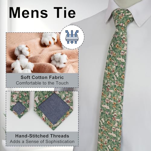 Image of Luckyvestir Ties for Men, Sage Green Cotton Floral Tie 2.76 inch Flower Printed Men's Neckties for Wedding /Groomsmen /Suit /Party