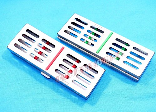 German Stainless 2 EA Dental Sterilization Cassette Rack Tray Box for 5 Instruments RED and Green