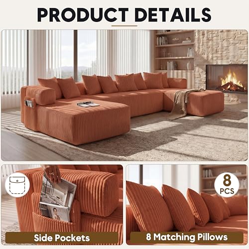 Image of Oversized Cloud Boneless Couch with Chaise, 146 inch Modern U Shape Modular Deep Seat Sectional Sofa, Comfy Corduroy Upholstered Couches for Living Room, No Assembly Required-Burnt Orange