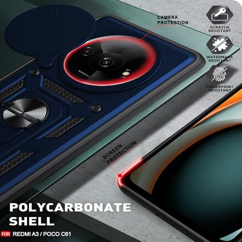 Image of AESTMO Tough Armor Redmi A3 / A3X / Poco C61 Bumper Back Case Cover | Ring Holder & Sliding Camera Shield Cover | 360 Degree Protection Back Case Cover for Redmi A3 / A3X / Poco C61 (Blue)