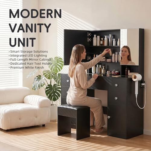 Image of YESHOMY Makeup Table with Power Outlet and Hair Dryer Holder, 3 Folden Mirror with Hidden Storage Shelves, 3 Drawers and 2 Storage Cabinet, for Bedroom, Black