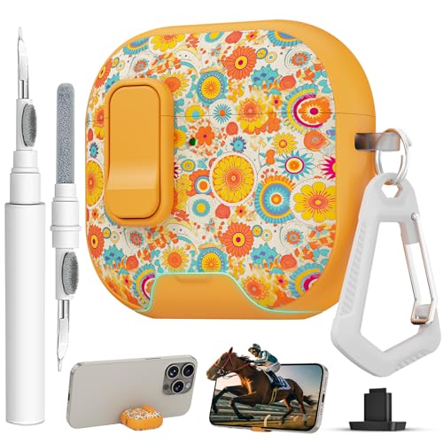 Image of for AirPods 4 Case with Safty Lock & Phone Stand,Cute Floral Pattern Style | PC & TPU Dual Layer Protective Cover with Keychain & Cleaner Pen for Apple AirPod 4th Generation 2024 Women (Sunflower)