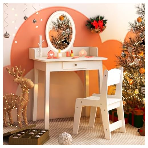 Costzon Kids Vanity, Girls Vanity Set with Mirror and Stool and Lights, Drawer, Jewelry Rack, 2 in 1 Wooden Princess Makeup Desk Dressing Table, Pretend Play Kids Vanity Table and Chair Set (White)