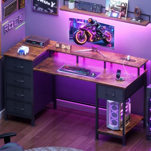Image of Korfile 47 Inch Gaming Desk with Power Outlets and LED Lights, Reversible Computer Desk with 5 Fabric Storage Drawers, Home Office Desk with Monitor Stand for Working Writing Study, Rustic Brown