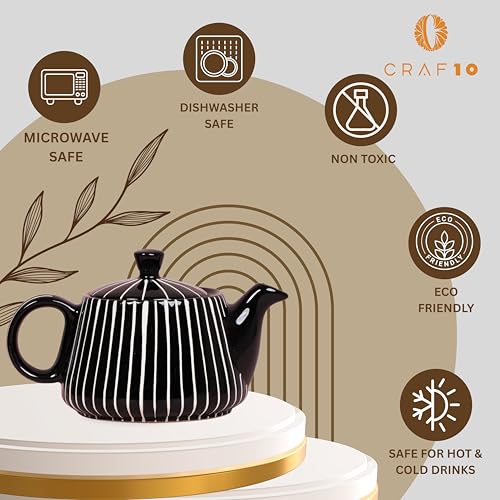 Image of CRAF10 Ceramic Handcrafted Midnight Stripe Tea Set - 1 Kettle (350 ML), 2 Cups (160 ML), 1 Bowl (for Sugar or Snacks), 1 Tray | Microwave & Dishwasher Safe | Teapot | Gifting Option