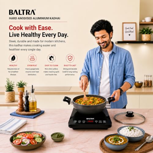 Image of BALTRA 5L Induction Base Hard Anodised Aluminium Kadhai with Lid | Durable, Even Heating, Scratch-Resistant Cookware kadai 3mm Thick (28 cm, Black)