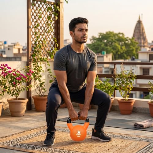 Image of KAKSS Half Coating Neoprene Kettlebell, 6kg Orange Cast Iron Kettle Bell with Non-Slip Grip Handle for Strength Training, Home Gym Workout Equipment for Men & Women (Proudly Made in India)