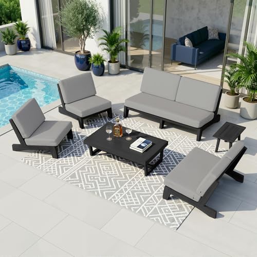 Image of Pia Ricoo 6-Piece Patio Furniture Set, Outdoor Wood Sofa with Loveseat, 2 Chairs, Coffee Table & Side Table, All-Weather Conversation Set for Backyard /Deck /Lawn - Gray /Dark