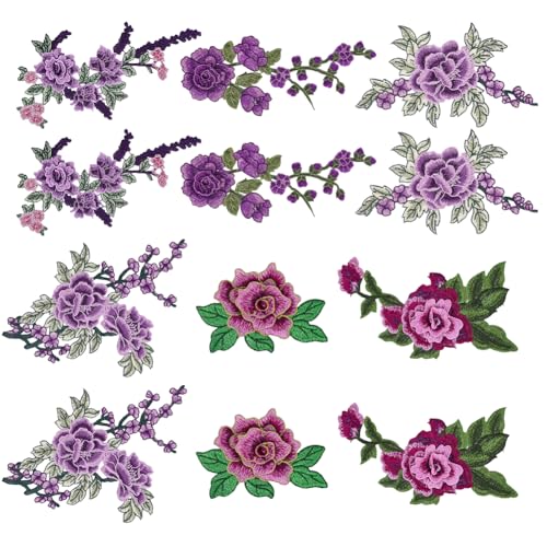 HOBBIESAY 12 parches florales de 6 estilos, parches bordados de flores moradas, parches de reparación de rosas, accesorios de novia para vestidos de novia, sombreros, jeans, vestidos, ropa con cuello