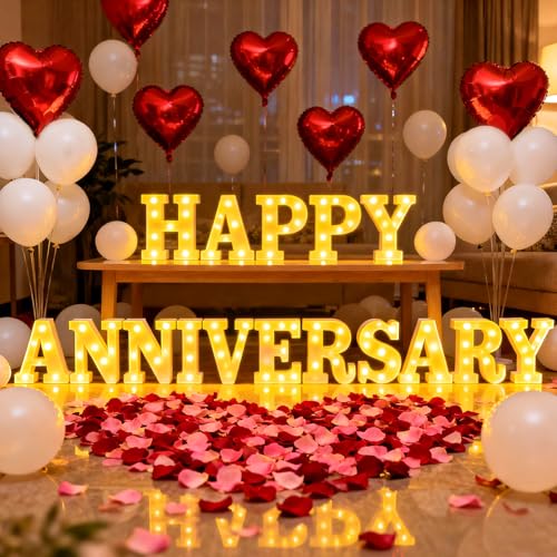 Peledic Happy Anniversary Decorations Light up Letters Sign with Rose Petals Round Pearlescent Balloon Aluminum Balloons Light LED Neon Table Decor for Valentines Day Wedding Romantic Party