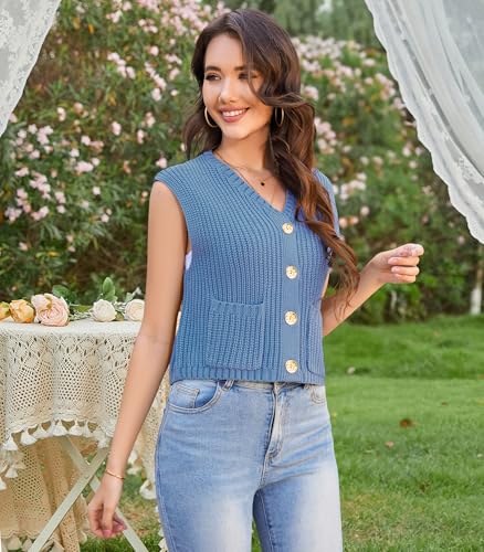 Image of Womens Summer Crop Knit Sweater Vest Sleeveless Button Down Chunky Knit Vest Cardigan with Pockets Blue S