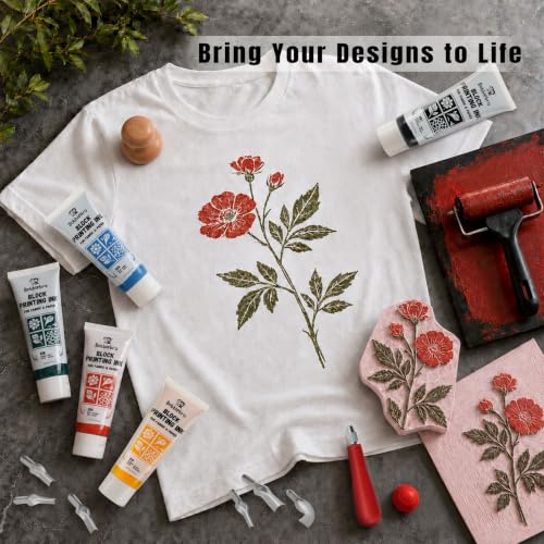 Image of Bobblebro Linocut Kit for Printmaking, 6 Color Fabric Block Printing Kit | Stamp Making Kit with 2.6 oz Fabric Block Printing Inks, Linocut Blocks, Carving Tools, Adult DIY Art & Back to School Gifts