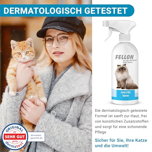 Fellon Anti-Filz für Katzen | Entfilzungsspray 500 ml | pH-neutral | Fellpflege für seidigen Glanz & leichte Kämmbarkeit | für alle Katzenrassen & Allergiker | Dermatologisch getestet