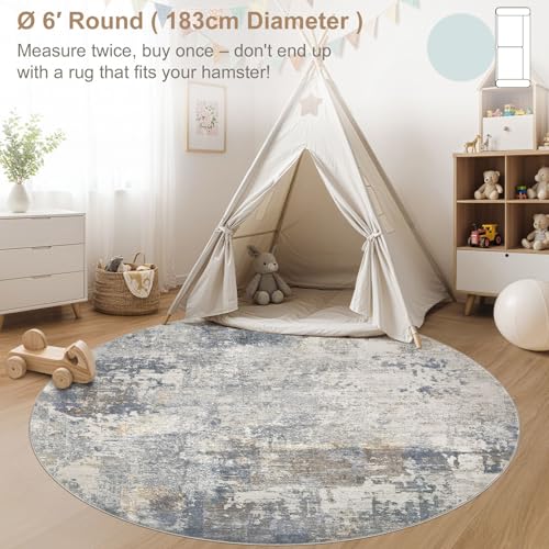 6ft Round Area Rug Living Room Rugs - 6x6 Washable Neutral Modern Abstract Soft Thin Rug Indoor Floor No Slip Rug Carpet for Bedroom Under Dining Table Home Office Decor - Blue Grey