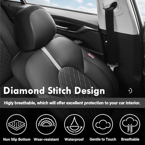 Image of Coverado Car Seat Covers Full Set, Front Seats Back Seat Cover, Leather Seat Covers Non-Slip Seat Protectors Universal Fit for Most Cars (Black-White)