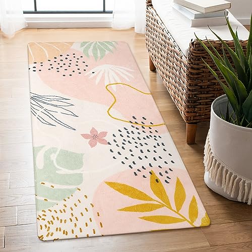 Lahome Washable Runner Rug for Hallway - 2x4 Non-Slip Throw Soft Bathroom Rug Runner Lightweight Pink Kitchen Mat, Boho Botanical Print Indoor Carpet Runner for Entrance Bedroom Laundry Living Room